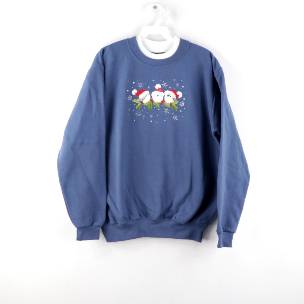 Vtg 90s Chickadee Bird Holly Christmas Sweatshirt